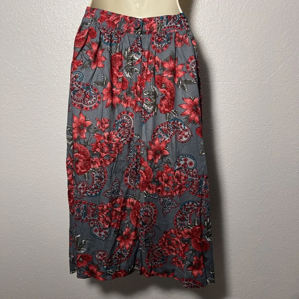 Diversity Womens Vintage 90s Pleated Midi Skirt 4 Petite Red Floral Paisley Boho